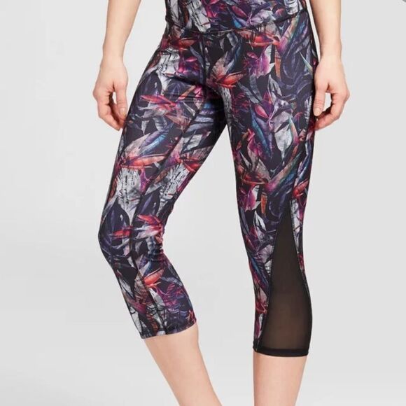 Champion S Black Multicolored Active Cropped Leggings Tropical Print Mesh - Picture 2 of 16